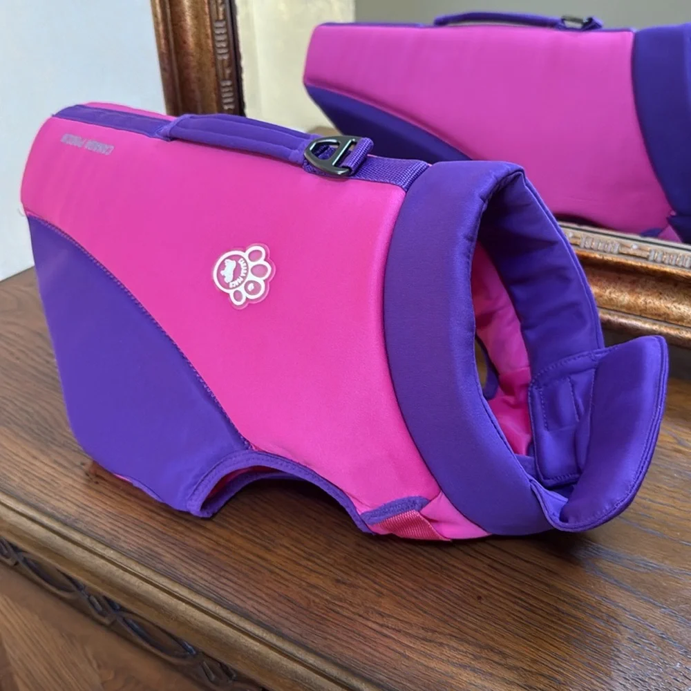 New High Tide life jacket by Canada Pooch for swimming. Pink and Purple. Size 18